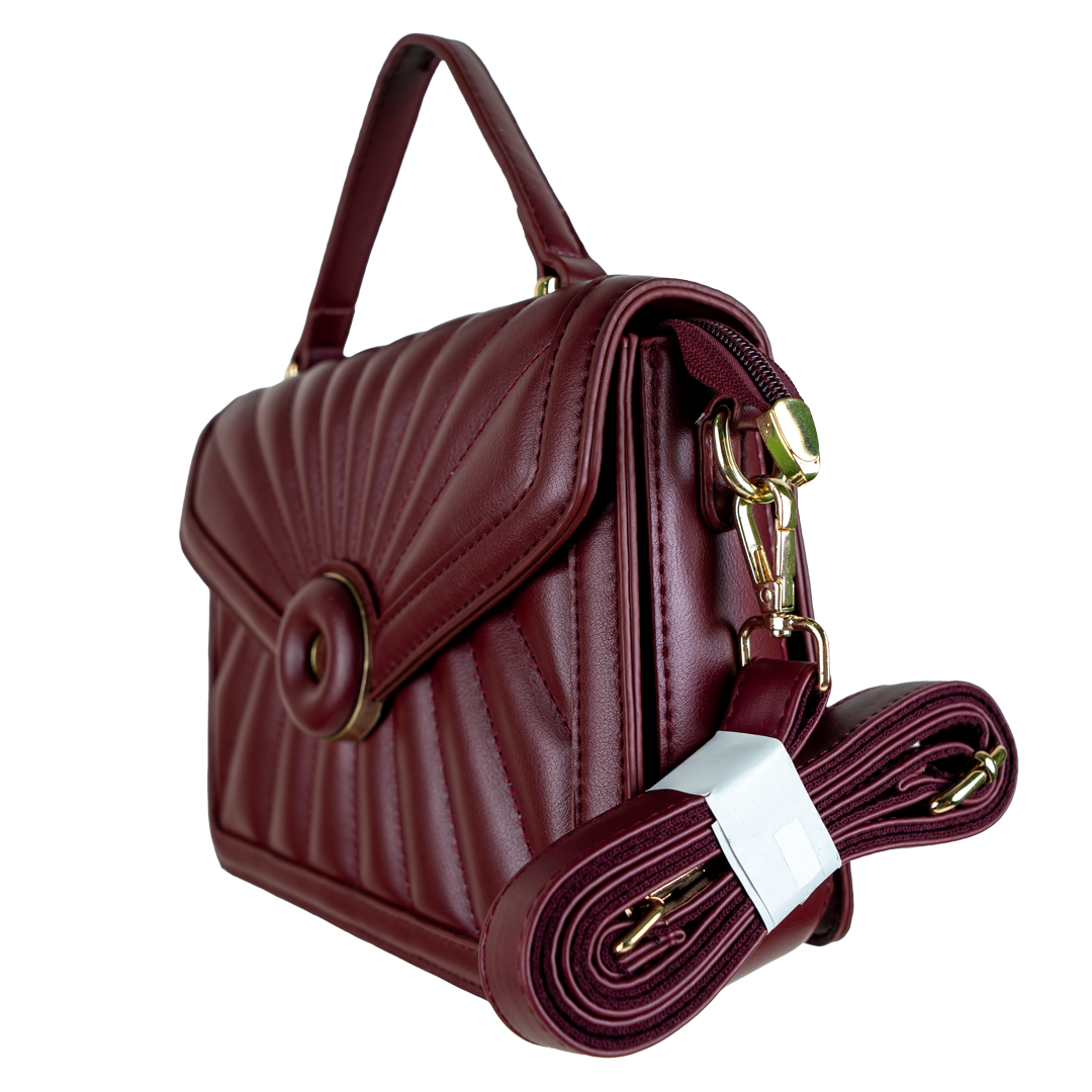 Elegant Burgundy Pleated Shoulder Bag with Circular Accent