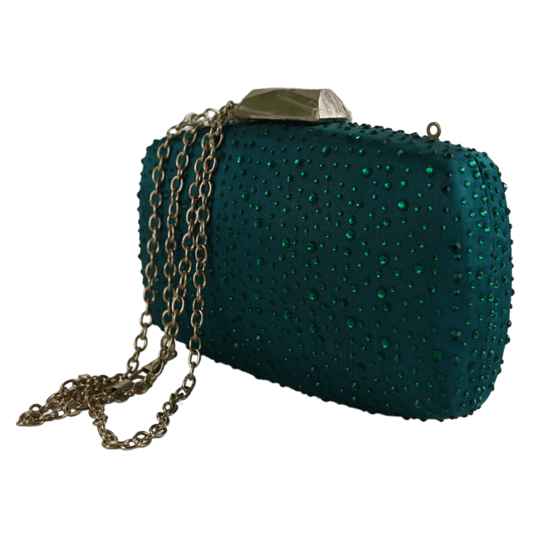  Elegant Emerald Green Crystal Studded Clutch with Chain Strap