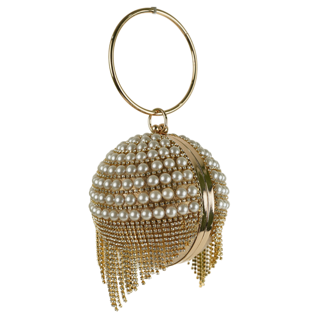 Elegant Gold Beaded Clutch with Chic Ring Handle Medium