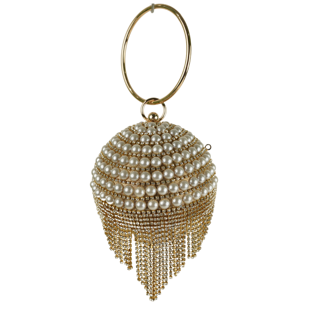  Elegant Gold Beaded Clutch with Chic Ring Handle Medium
