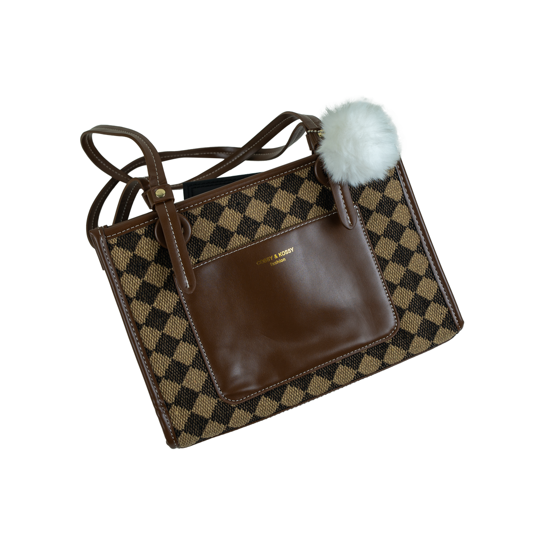 Chic Brown and Patterned Crossbody Bag with Fluffy Pom Pom