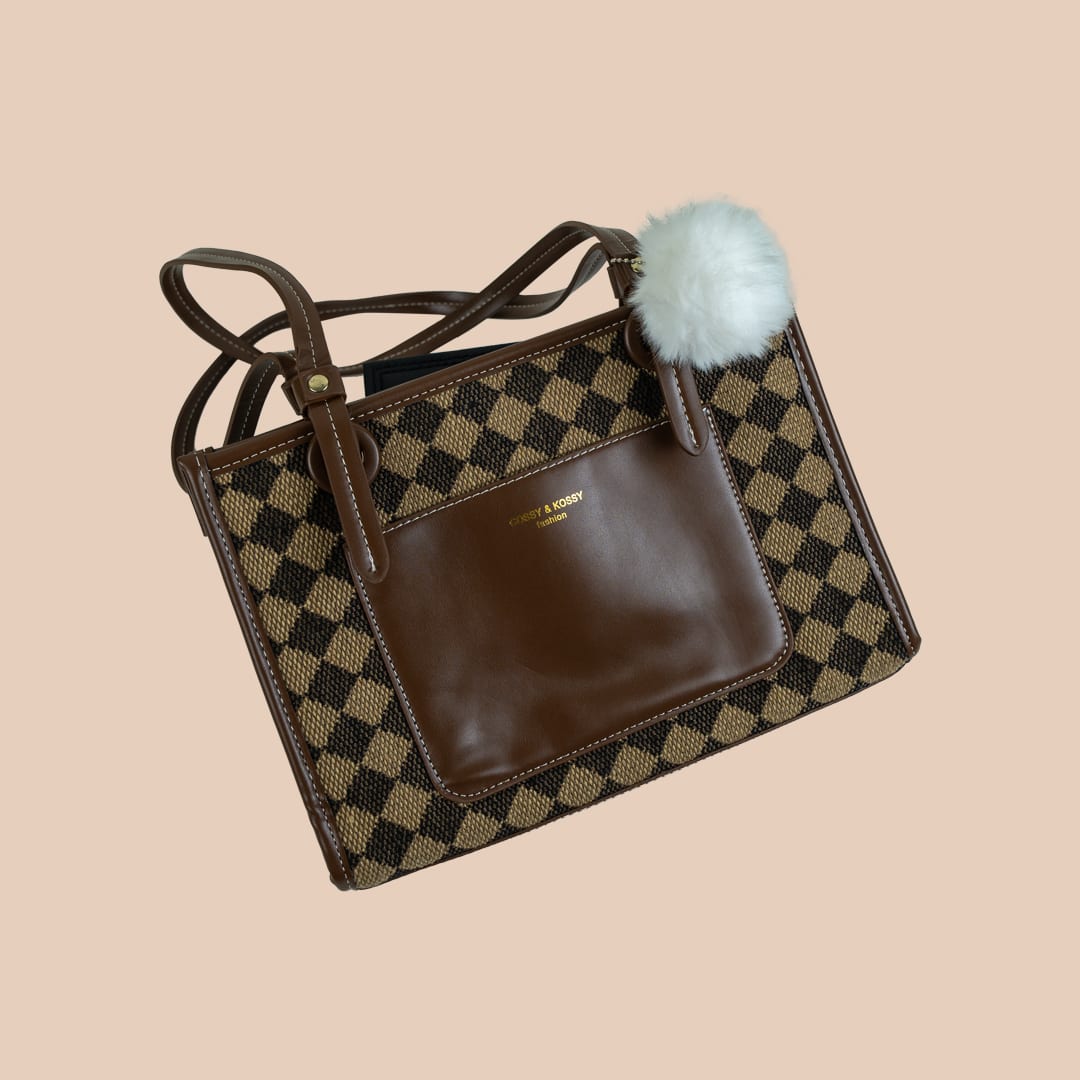 Chic Brown and Patterned Crossbody Bag with Fluffy Pom Pom