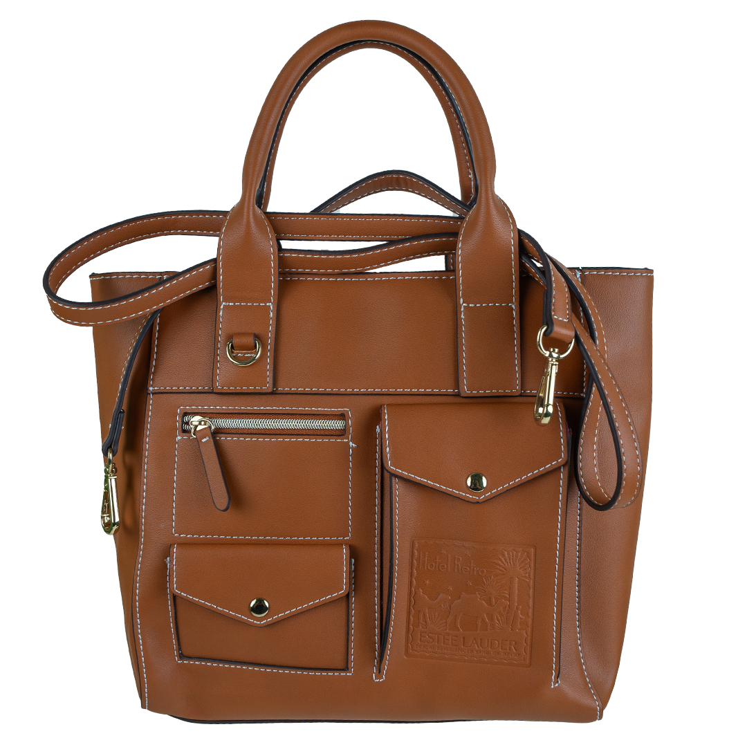 Stylish Cognac Brown Leather Tote Bag with Outer Pockets