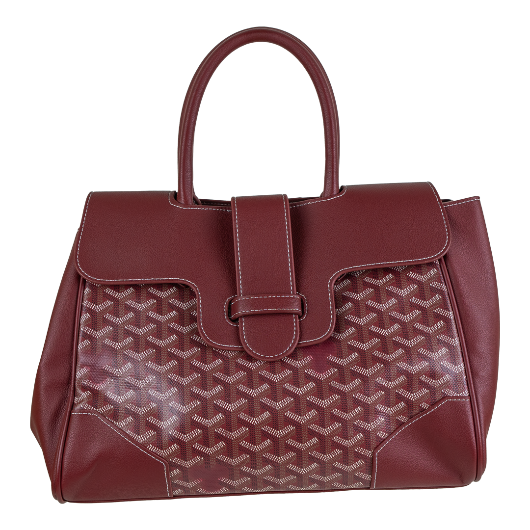  Stylish Red Patterned Tote Bag with Brown Accents