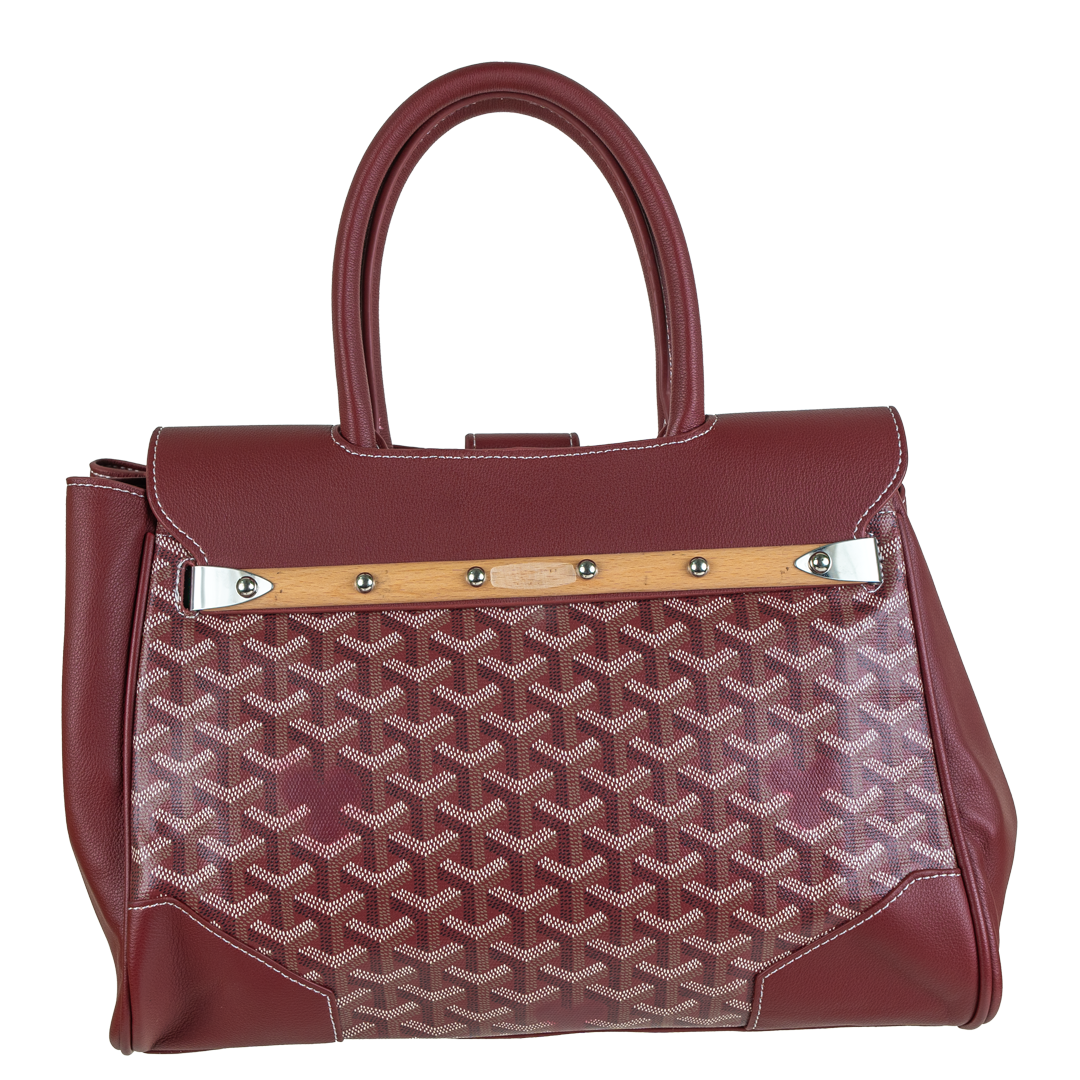  Stylish Red Patterned Tote Bag with Brown Accents