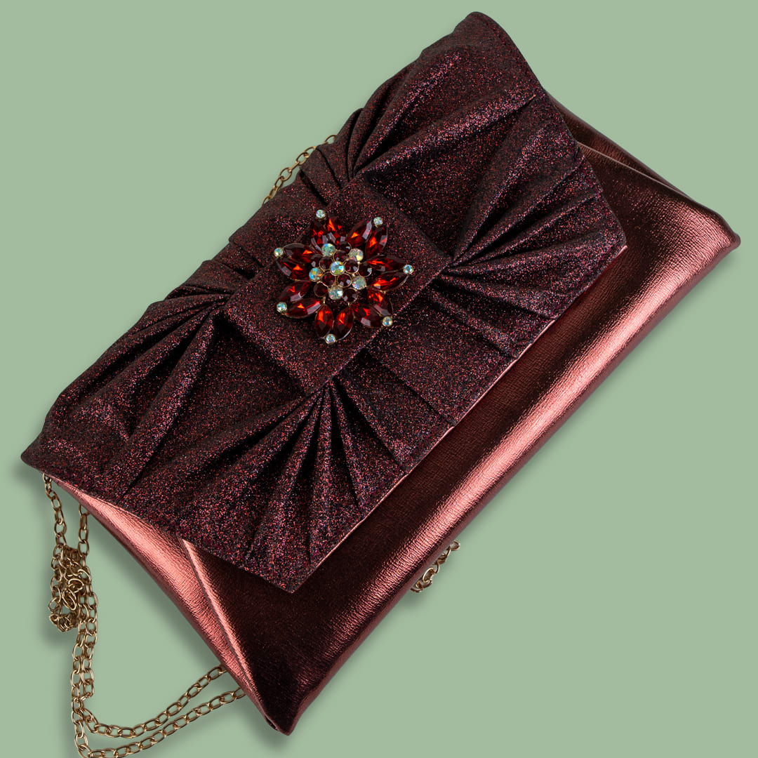 Luxurious Burgundy Pleated Clutch with Floral Jewel