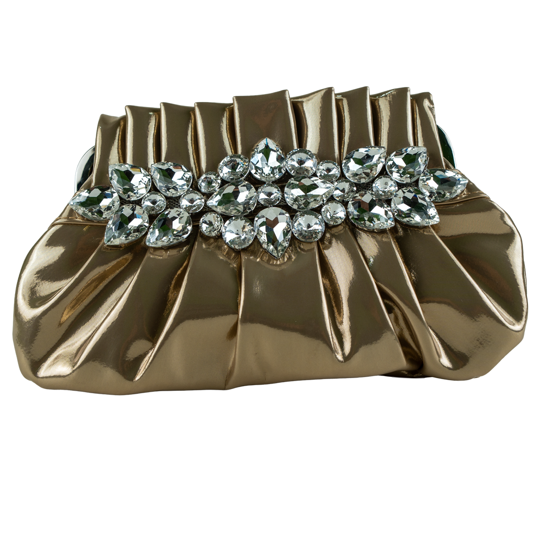Ornate Champagne Beaded Clutch with Crystal Accents