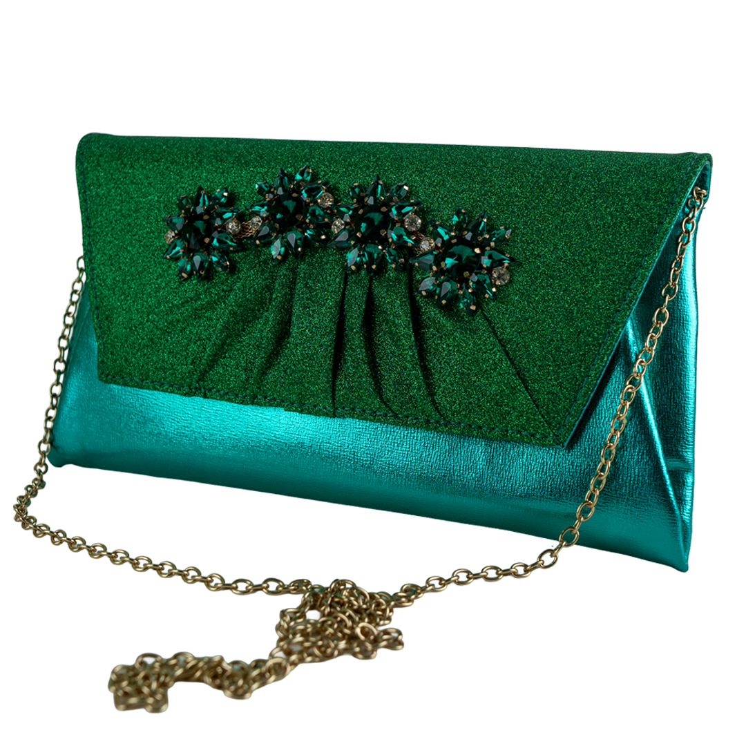 Luxurious Emerald Green Pleated Clutch with Jewel Details