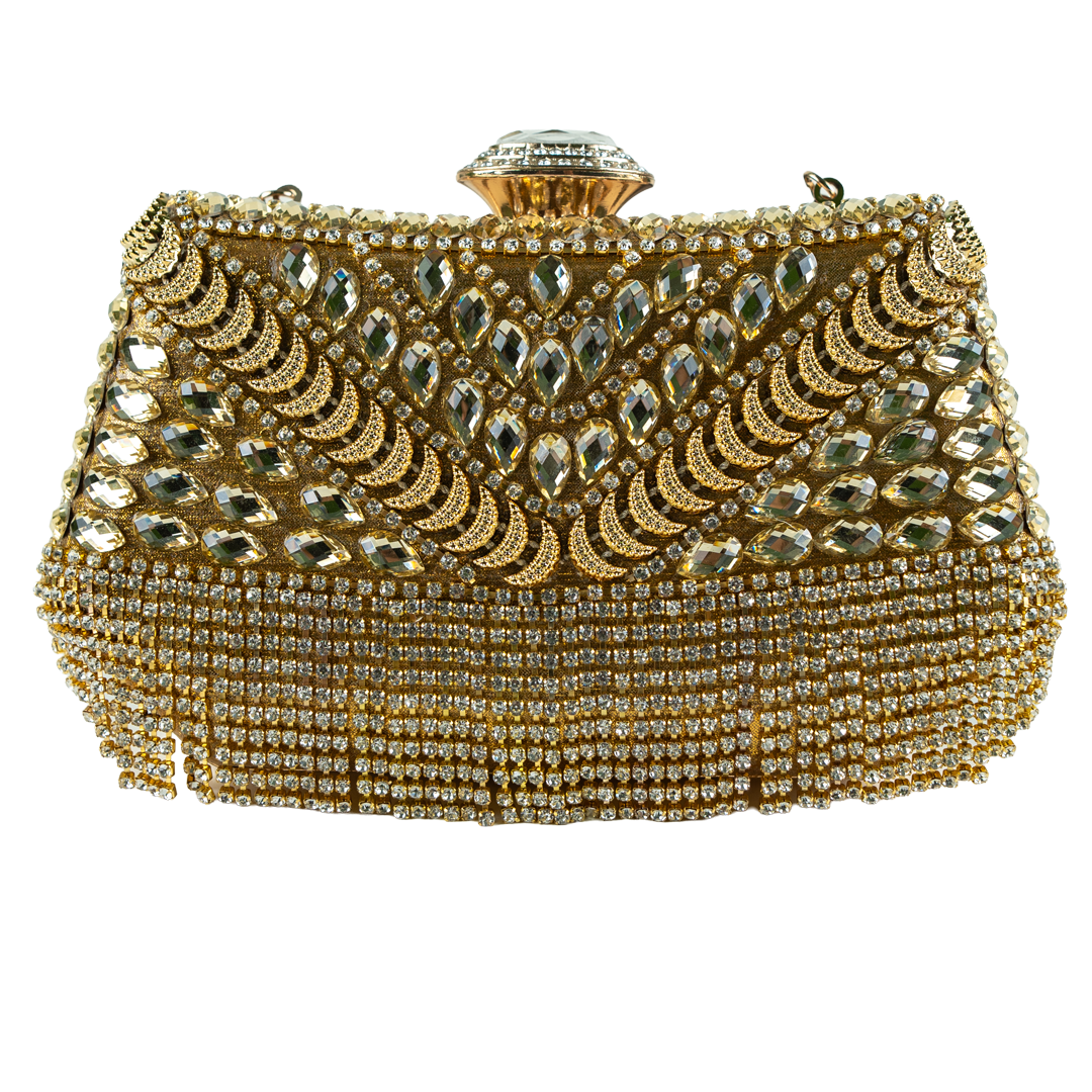 Ornate Gold Beaded Structured Clutch with Crystal Details
