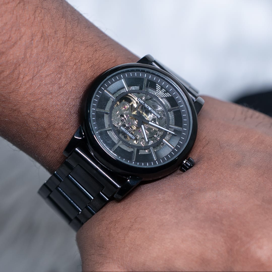 Modern Emporio Armani Open-Heart Black Automatic Watch
