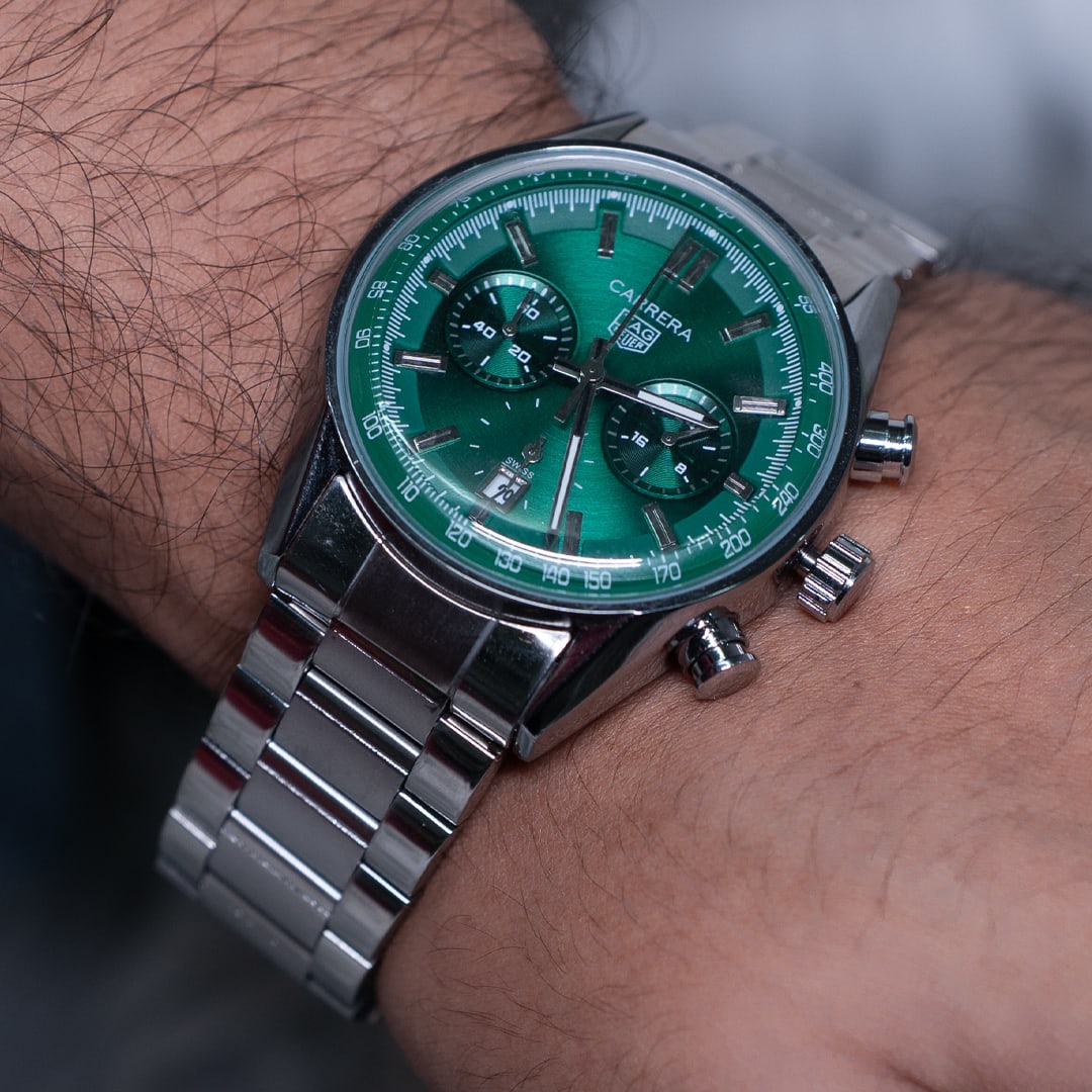 Striking Tag Heuer Carrera Green Dial Chronograph Stainless Steel