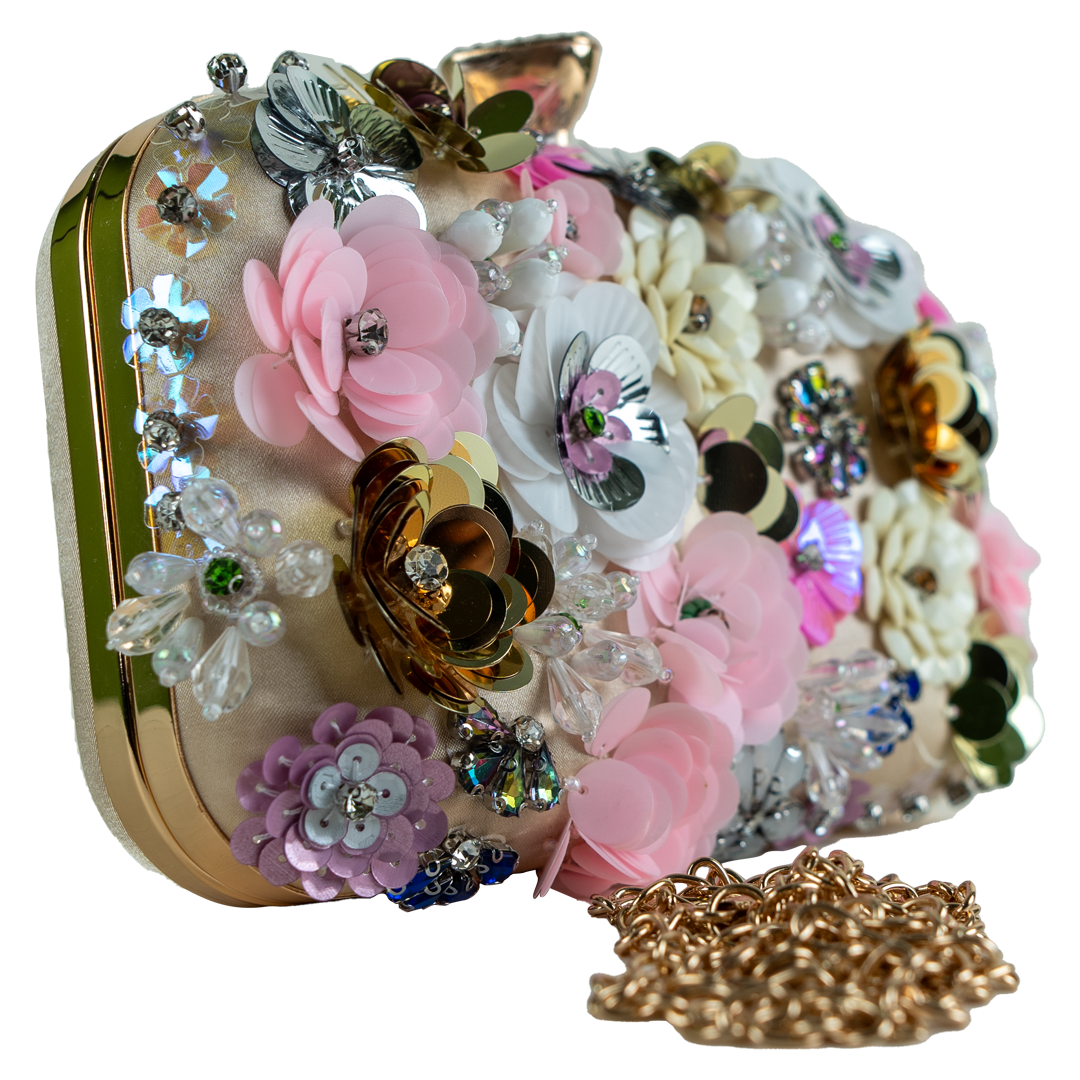 Unique Floral Embellished Top Handle Party Clutch
