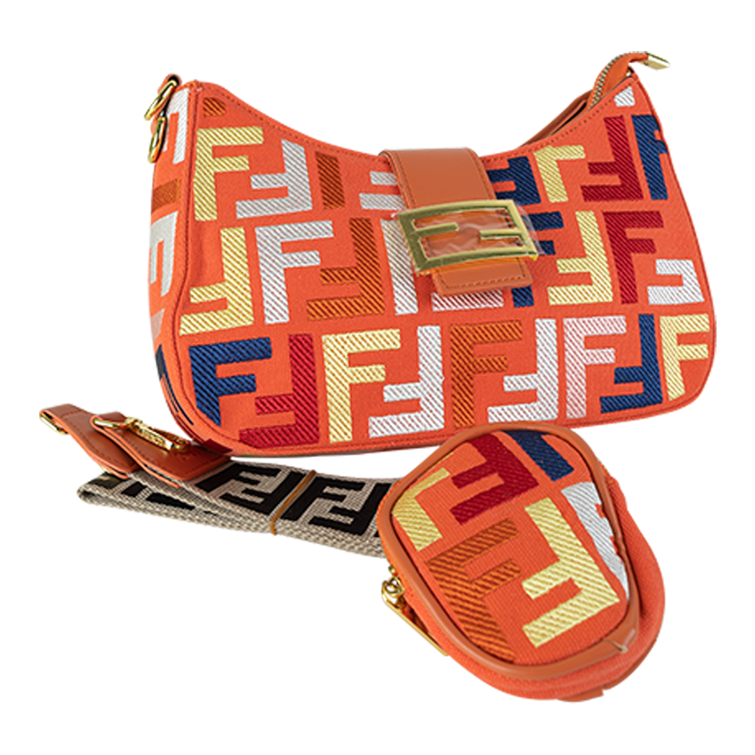 Designer Fendi Patterned Shoulder Bag with Mini Pouch
